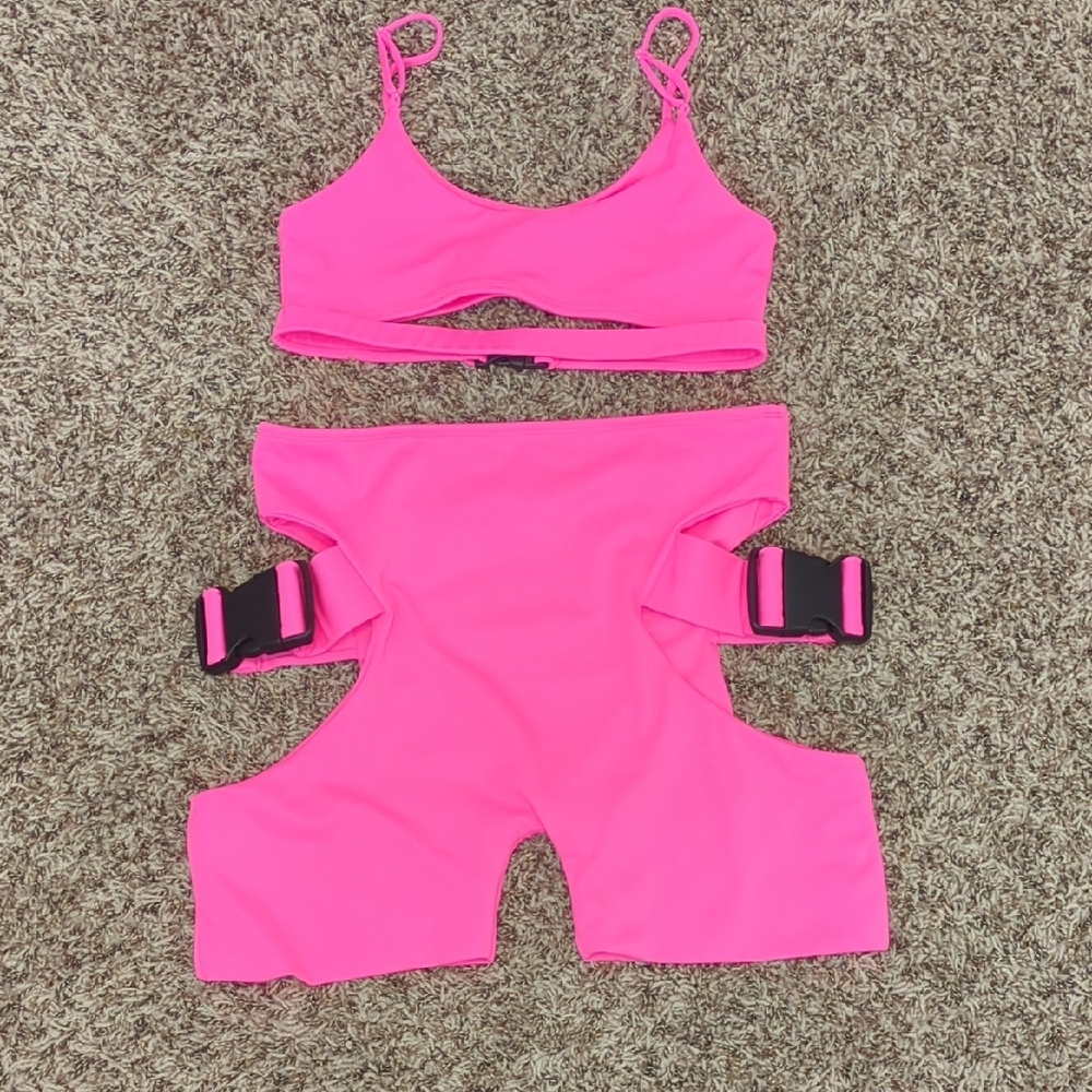 Lipt vibrant hot pink two piece cut out cropped tank / bralette and shorts set